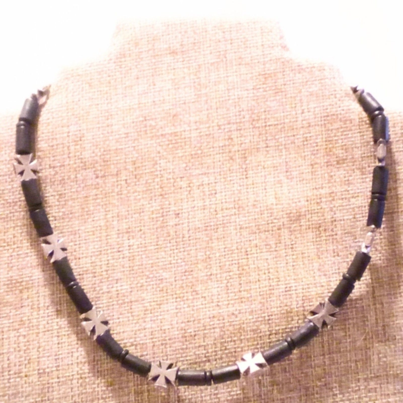 Silver Tone Maltese Cross And Black Bead Necklace